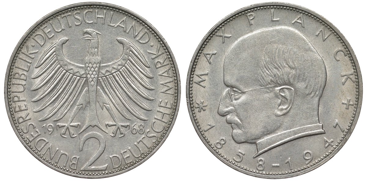 ФРГ 2 марки 1968 F, Макс Планк KM 116,  J. 392 медно-никель плакированный никелем 72-353