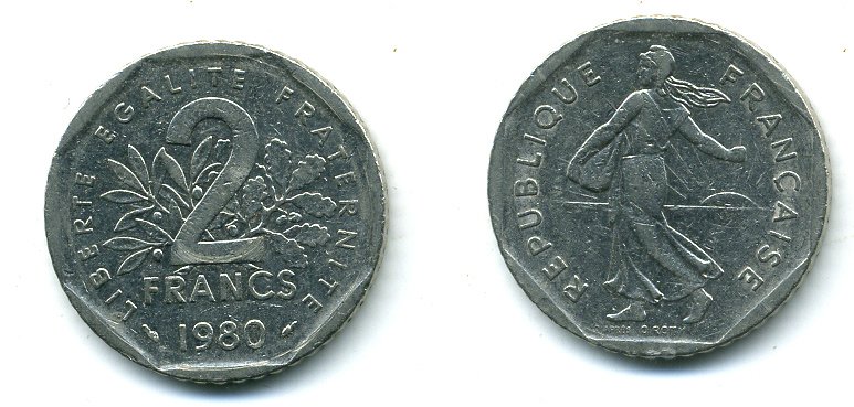ФРАНЦИЯ 2 ФРАНКА 1980 СЕЯТЕЛЬ KM 942.1, LE FRANC 272.4 никель 25-2426