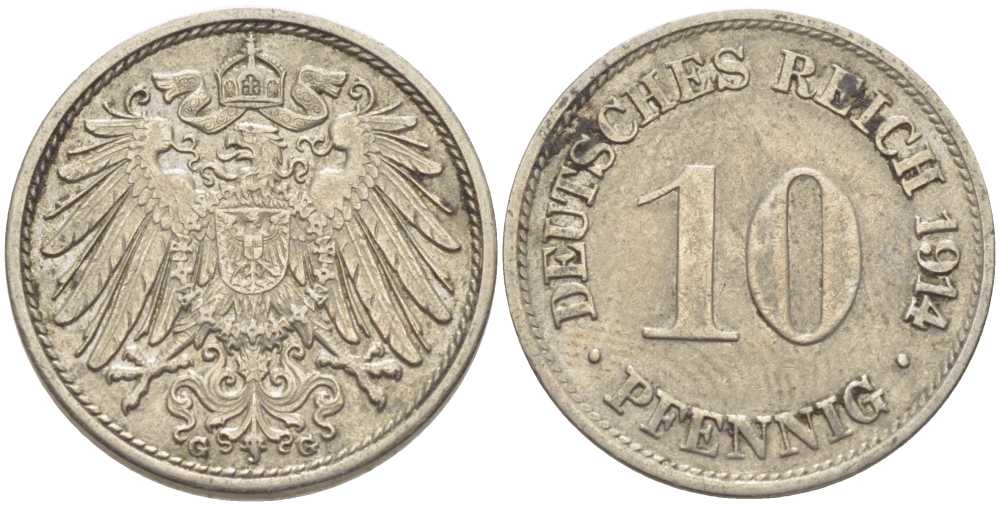 ГЕРМАНИЯ 10 ПФЕННИГОВ 1914 G KM 12, J. 13 медно-никель 210-722