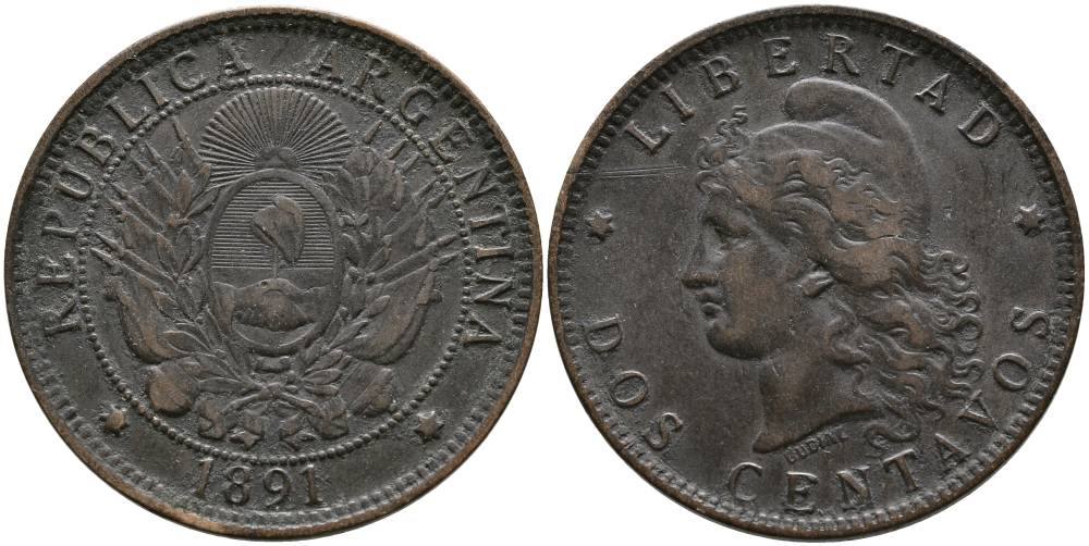 Аргентина 2 сентаво 1891 голова свободы влево KM 8 бронза 4531-1025
