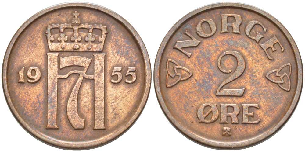 НОРВЕГИЯ 2 ЭРЕ 1955 ХОКОН VII (1905-1957) KM 399 бронза 119-926