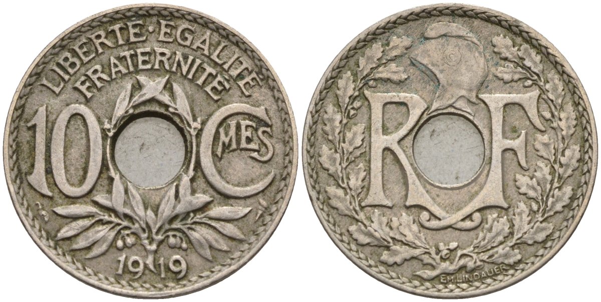 Франция 10 сантимов 1919 KM 866a, Le Franc 138.3 медно-никель 4143-843