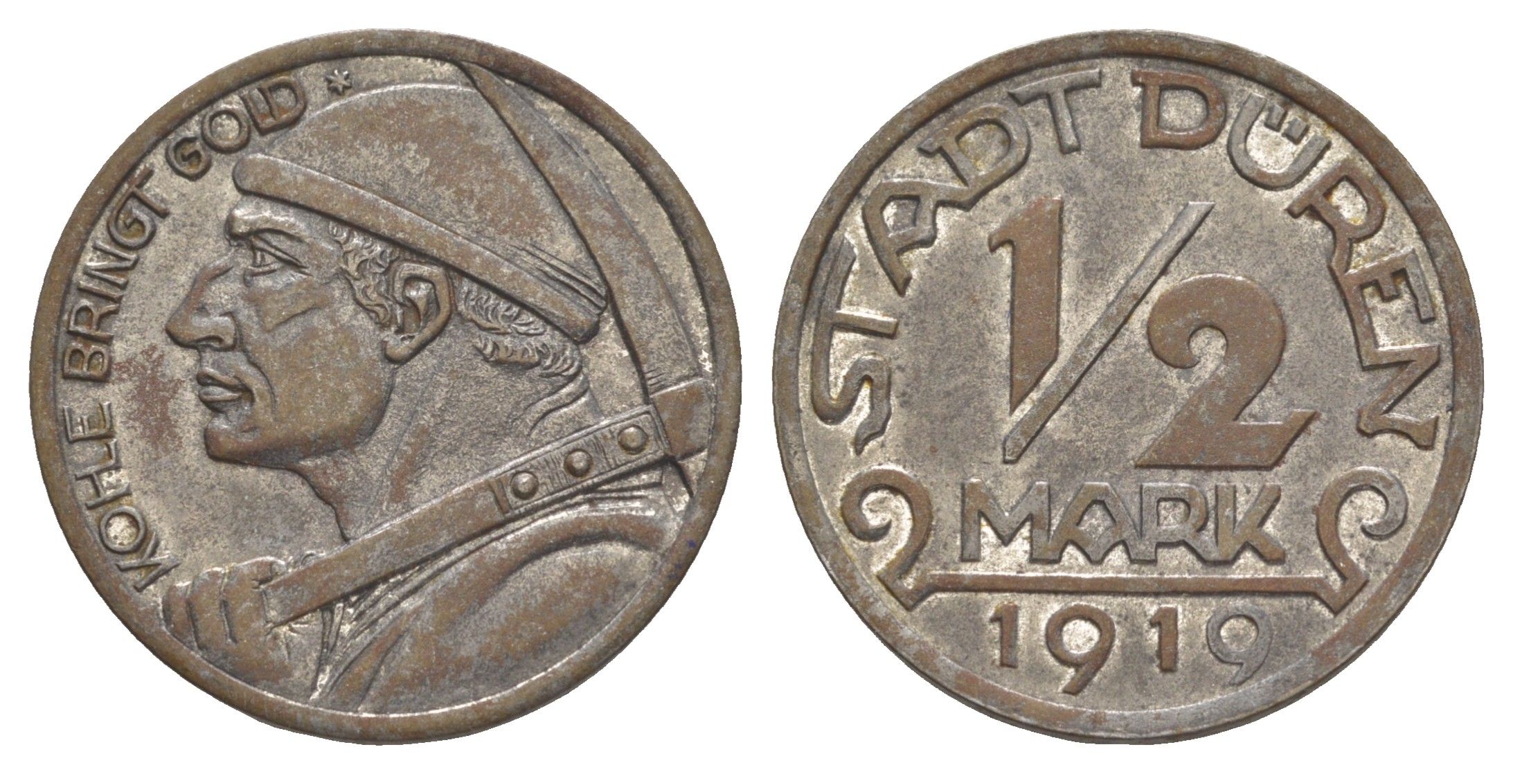 Дюрен 1/2 марки 1919 шахтер Funck 105.12, Men05 580715, Men18 7249.15 железо 1518-111