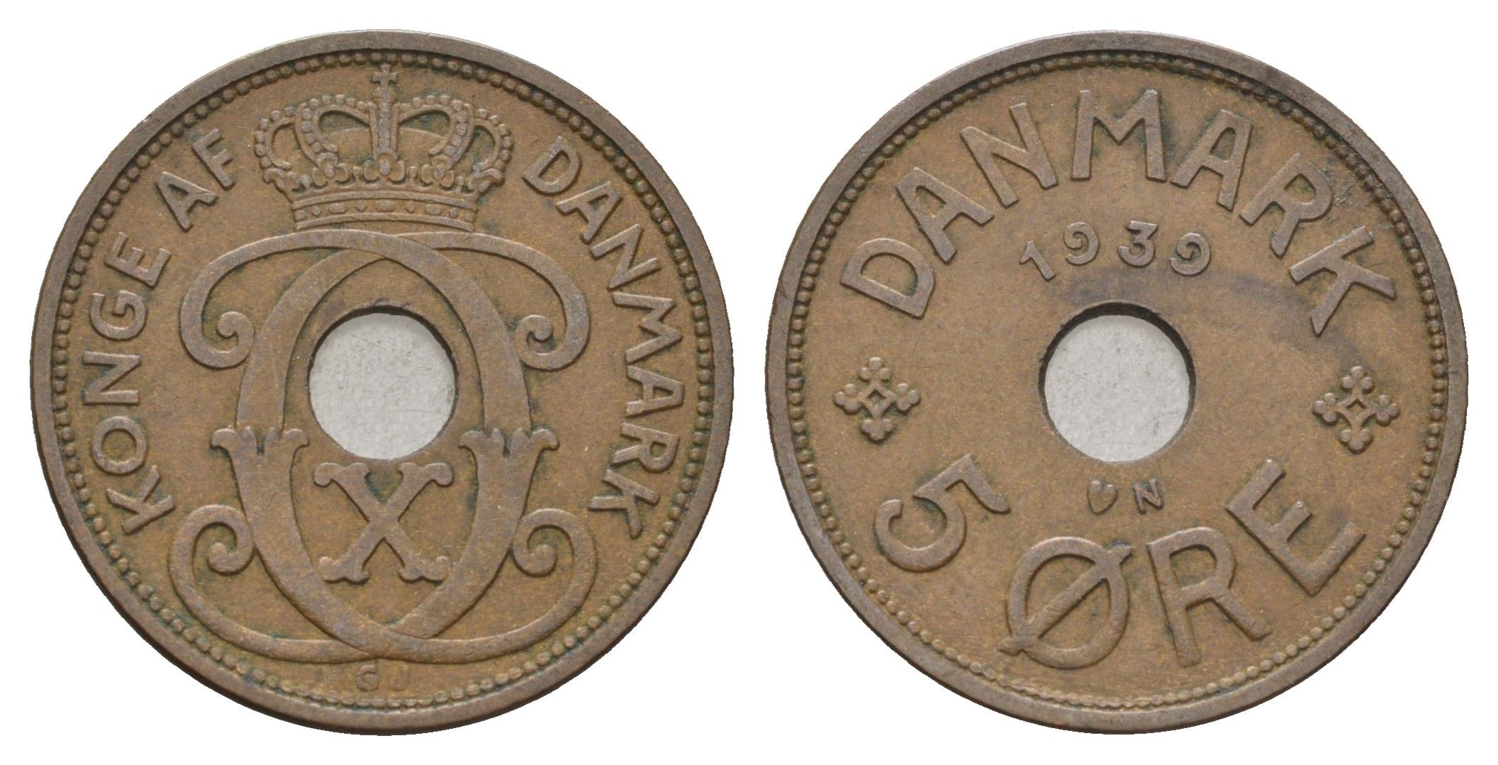 Дания 5 эре 1939 N, Кристиан X (1912-1947) KM 828 бронза 4700-844