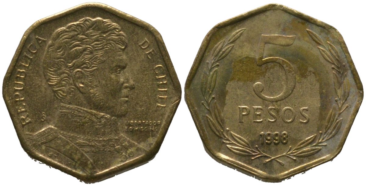 Чили 5 песо 1998 So KM 232, Schon 81 алюминиевая бронза 4387-952