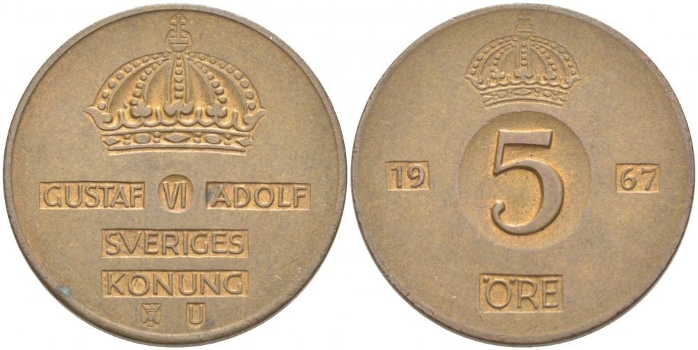Швеция 5 эре 1967 U, Густав VI Адольф (1950-1973) КМ 822 бронза 77-535