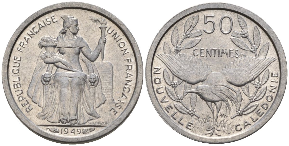 Французская Новая Каледония 50 сантимов 1949 птица кагу, заморские территории KM 1 алюминий 4154-131
