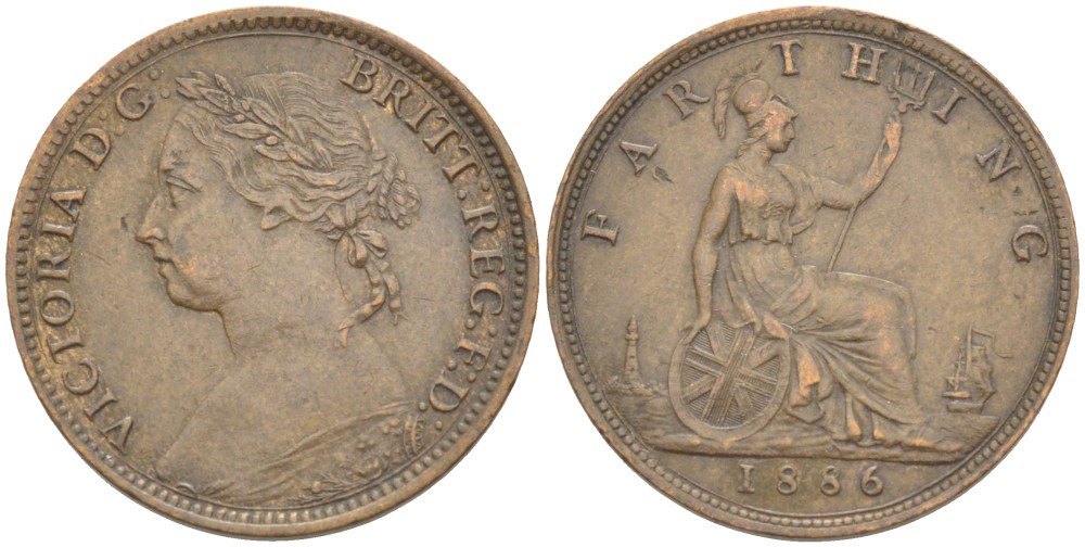 Великобритания 1 фартинг 1886 Виктория (1837-1901) KM 753, Spink 3958 бронза 4543-916