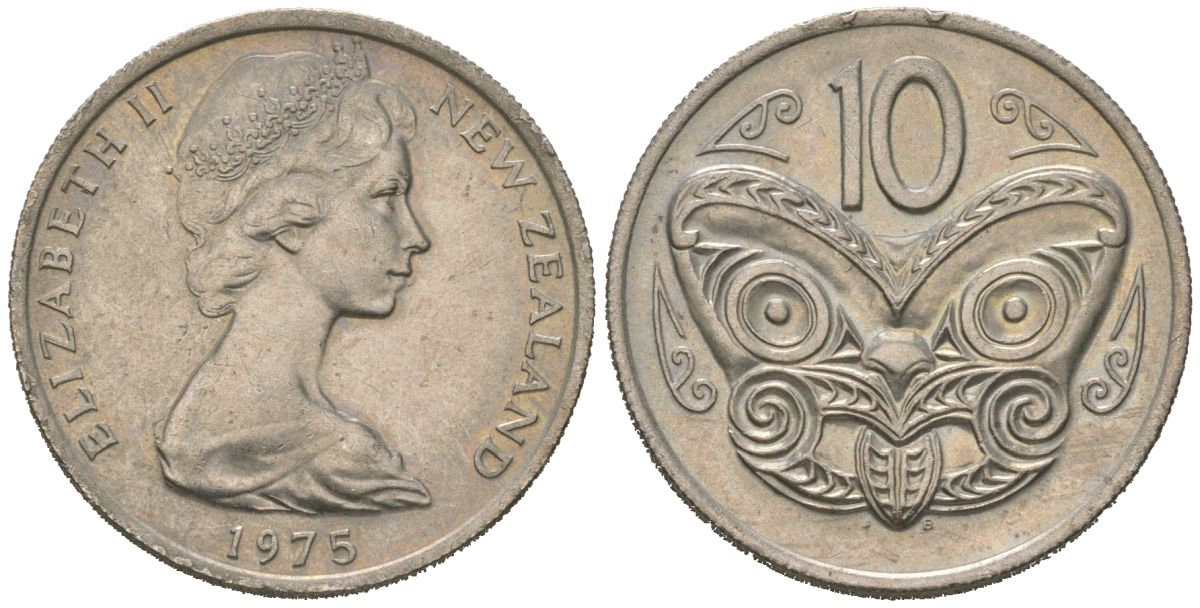 Новая Зеландия 10 центов 1975 Елизавета II (1952-2022), маска маори KM 41 медно-никель UNC 4620-222