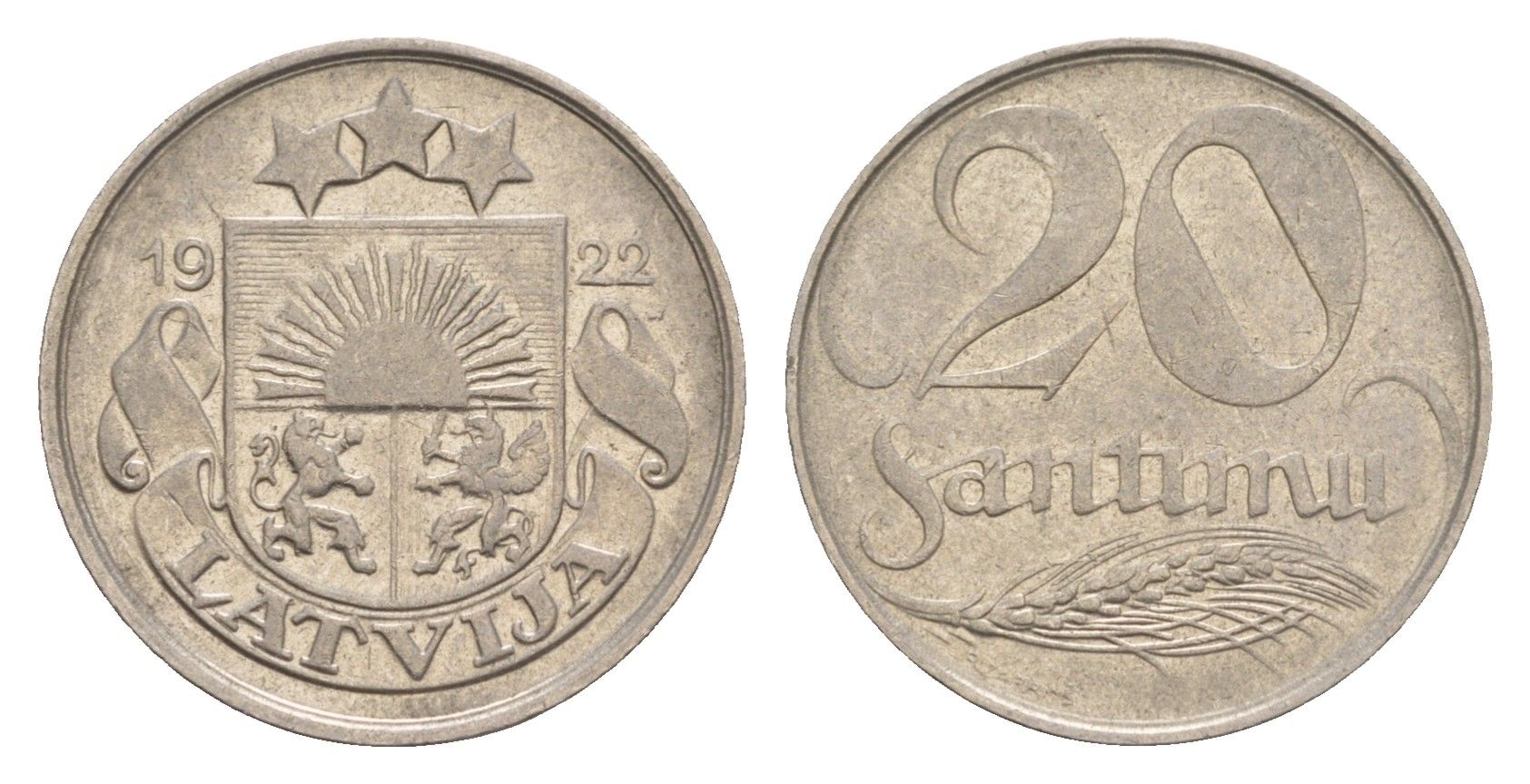 Латвия 20 сантимов 1922 год-тип KM 5 никель 4658-1242