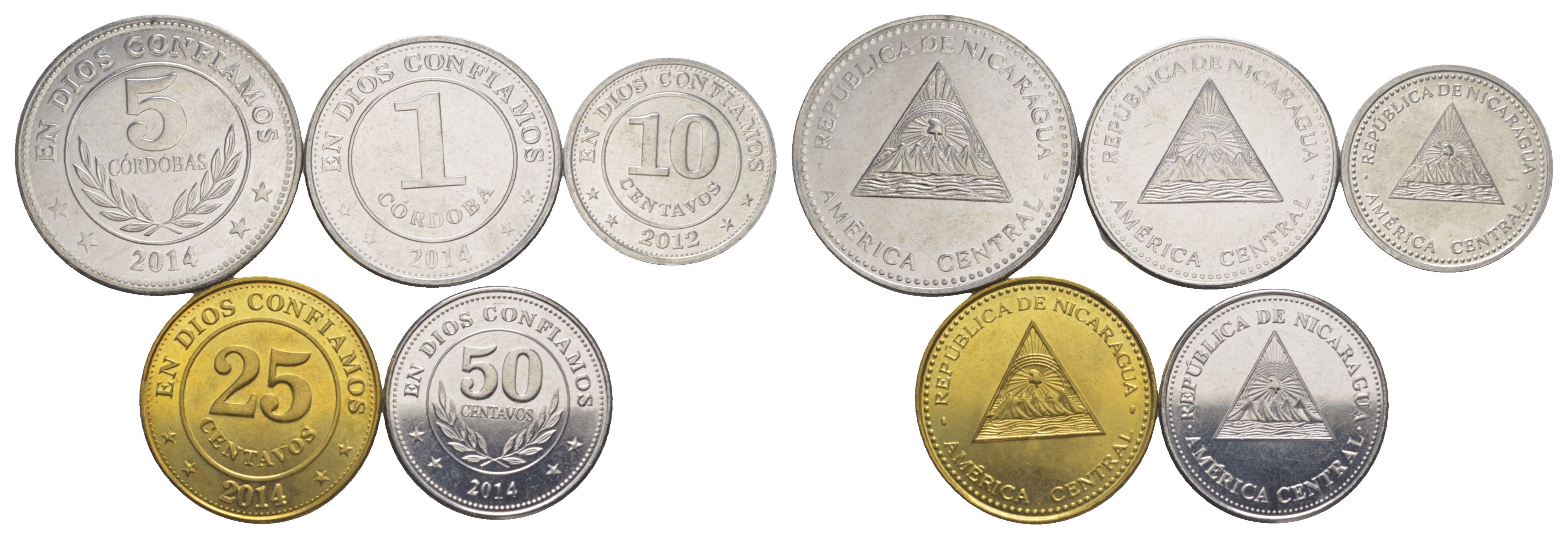Никарагуа набор из 5 монет (10, 25 и 50 сентаво; 1 и 5 кордоб) 2012-2014 KM 88b, 90s, 101, 104 и 105 UNC 4641-451-455