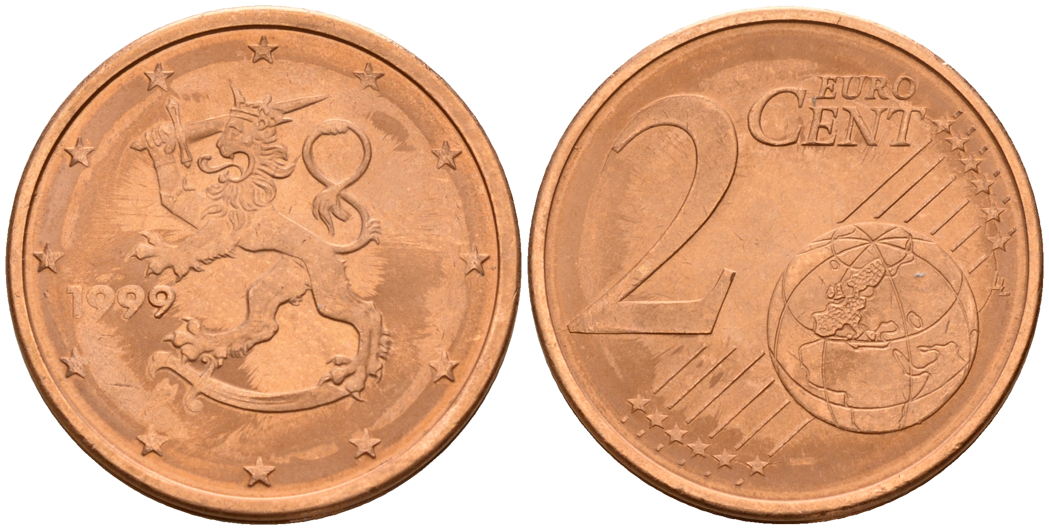 Финляндия 2 евроцента 1999  KM 99 сталь плакированная медью  UNC  4160-329