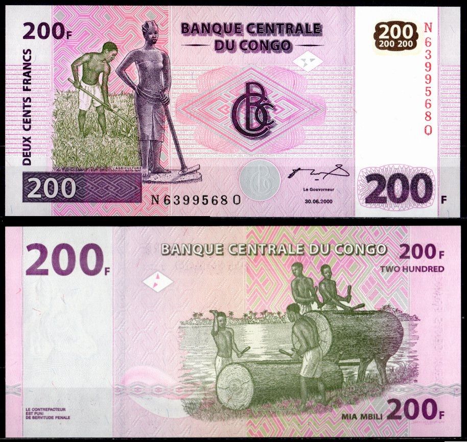 Конго 200 франков 2000 Pick 95 бумага UNC (пресс) 7214-12-2-1