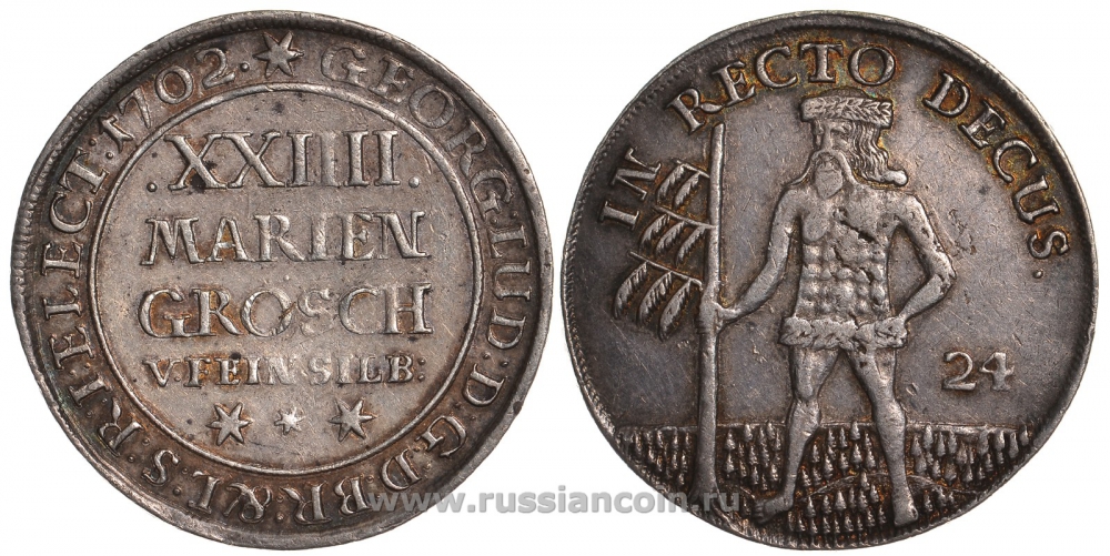 Брауншвейг-Люнебург-Каленберг-Ганновер 24 мариенгроша 1702 дикарь KM 15 серебро  00-000-00