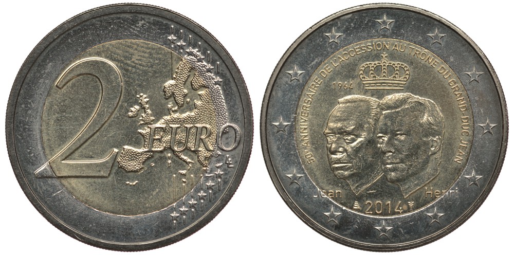 Люксембург 2 евро 2014 50 лет вступления на престол Великого герцога Жана KM NEW биметалл 4110-731