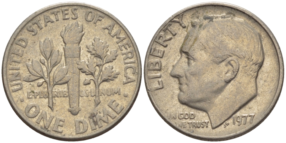 США 10 ЦЕНТОВ = 1 ДАЙМ 1977 РУЗВЕЛЬТ KM 195а медь плакированная медно-никелем 66-1121