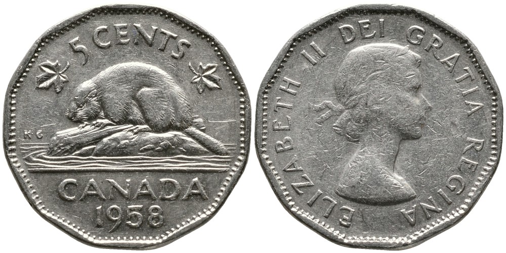 КАНАДА 5 ЦЕНТОВ 1958 ЕЛИЗАВЕТА II (1952-), БОБР, ПЕРВЫЙ ПОРТРЕТ KM 50а никель 4543-612
