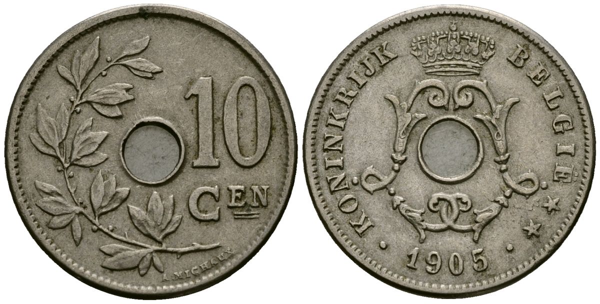 Бельгия 10 сантимов 1905 Belgie KM 53 медно-никель 4172-1223