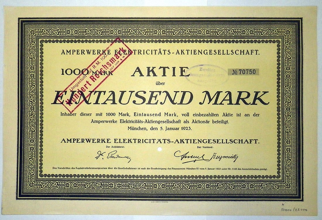 Германия акция в 1000 марок 1923 АО "Амперверке Электрик", Amperwerke Elektricitats AG бумага 5553-8