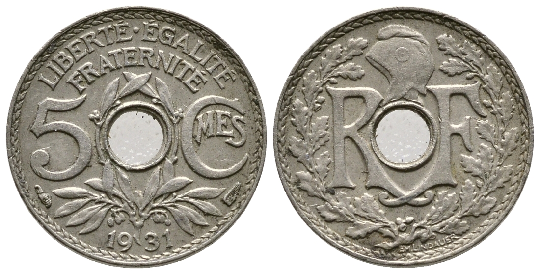 Франция 5 сантимов 1931 тип Линдайё KM 875, Le Franc 122.14 медно-никель 4608-651