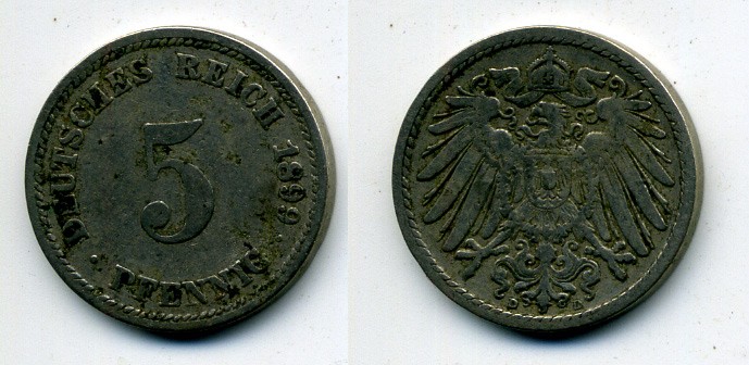 ГЕРМАНИЯ 5 ПФЕННИГОВ 1899 D, KM 11, J. 12 медно-никель 58-322