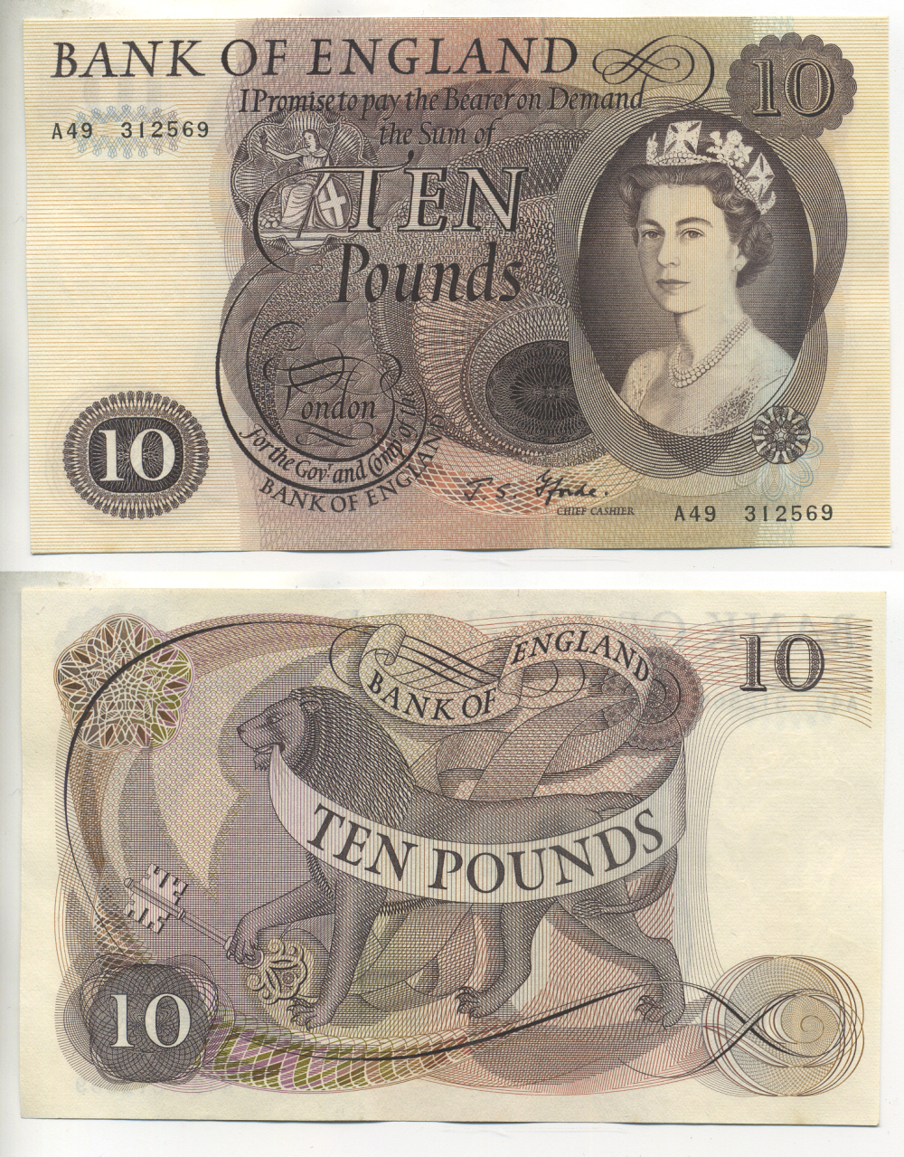 АНГЛИЯ 10 ФУНТОВ 1966-1970 ПОДПИСЬ J.S. FLORDE Pick 376b бумага aUNC 000-000-00