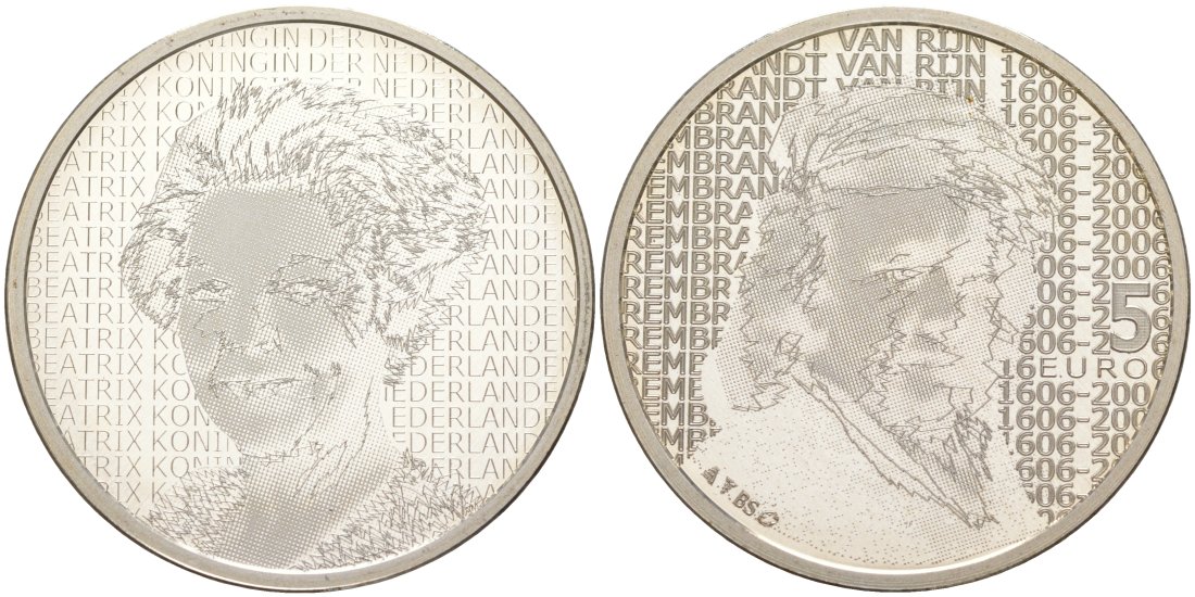 Нидерланды 5 евро 2006 400 лет со дня рождения Рембрандта, королева Беатрикс KM 266 серебро PROOF 01-345-23