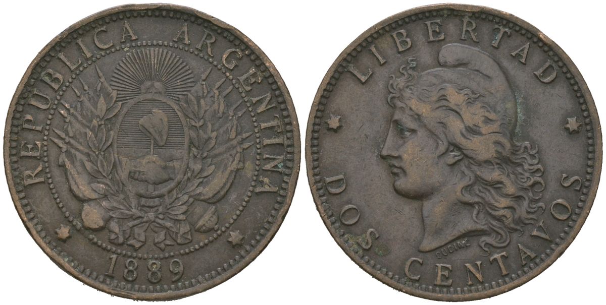 Аргентина 2 сентаво 1889 KM 33 бронза 92-136