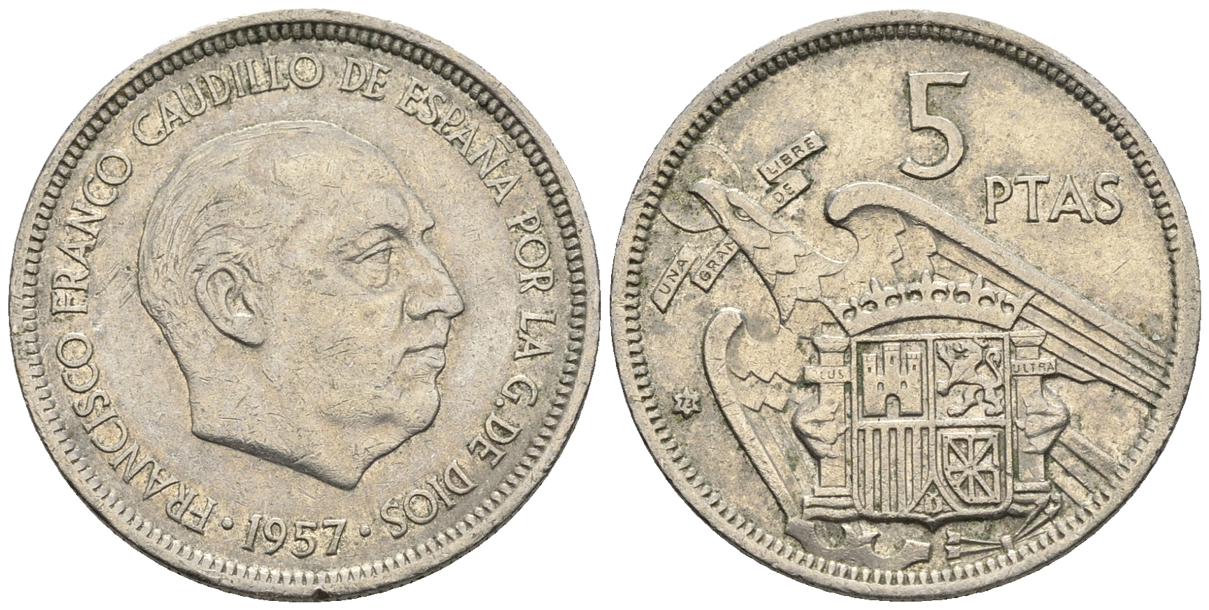 Испания 5 песет 1957 (73) Франсиско Франко (1939-1975) KM 786 медно-никель 85-727