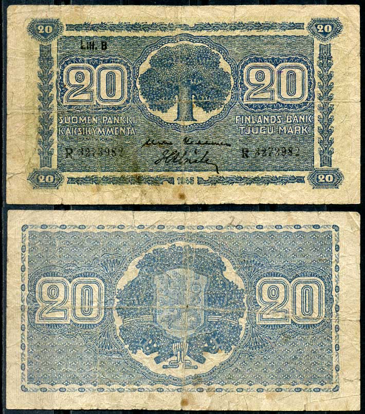 Финляндия 20 марок 1945 литера "B" Pick 86a (22) бумага 8614-19-4-2