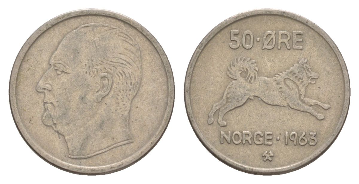 Норвегия 50 эре 1963 Улаф V (1957-1991) KM 408 медно-никель 4635-431