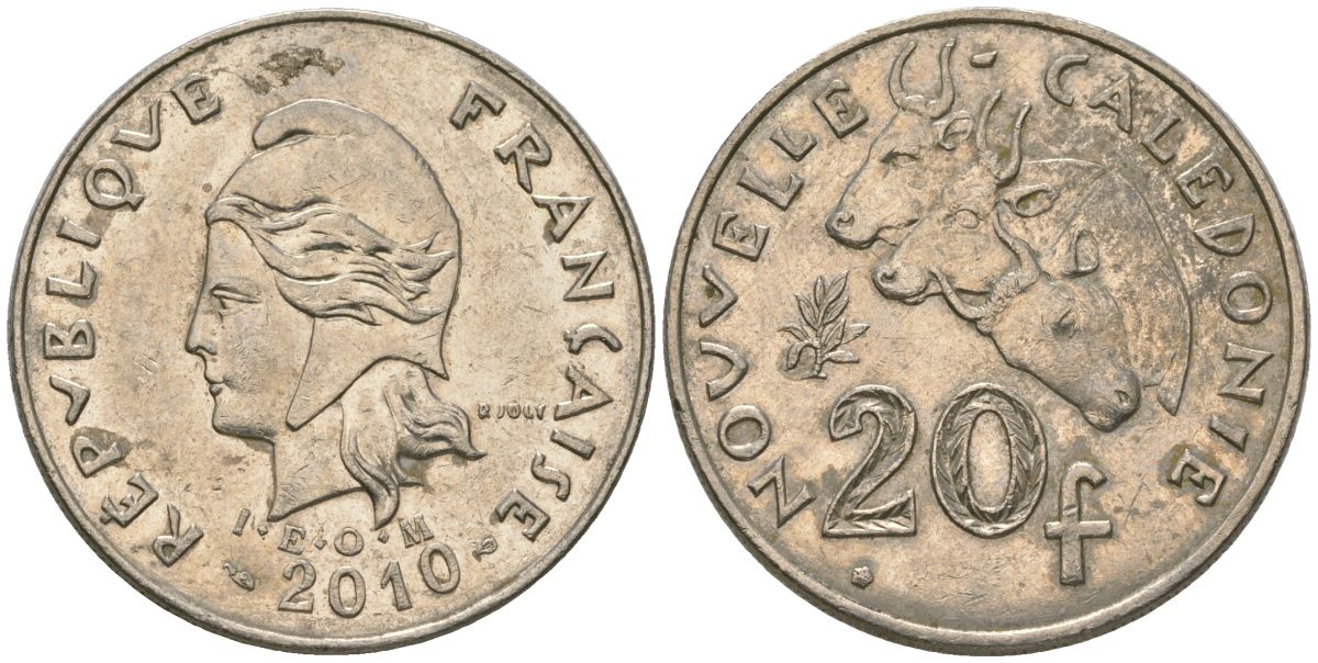 Французская Новая Каледония 20 франков 2010 три быка, (IEOM) KM 12a, Schoen 14a медно-никель 4137-323
