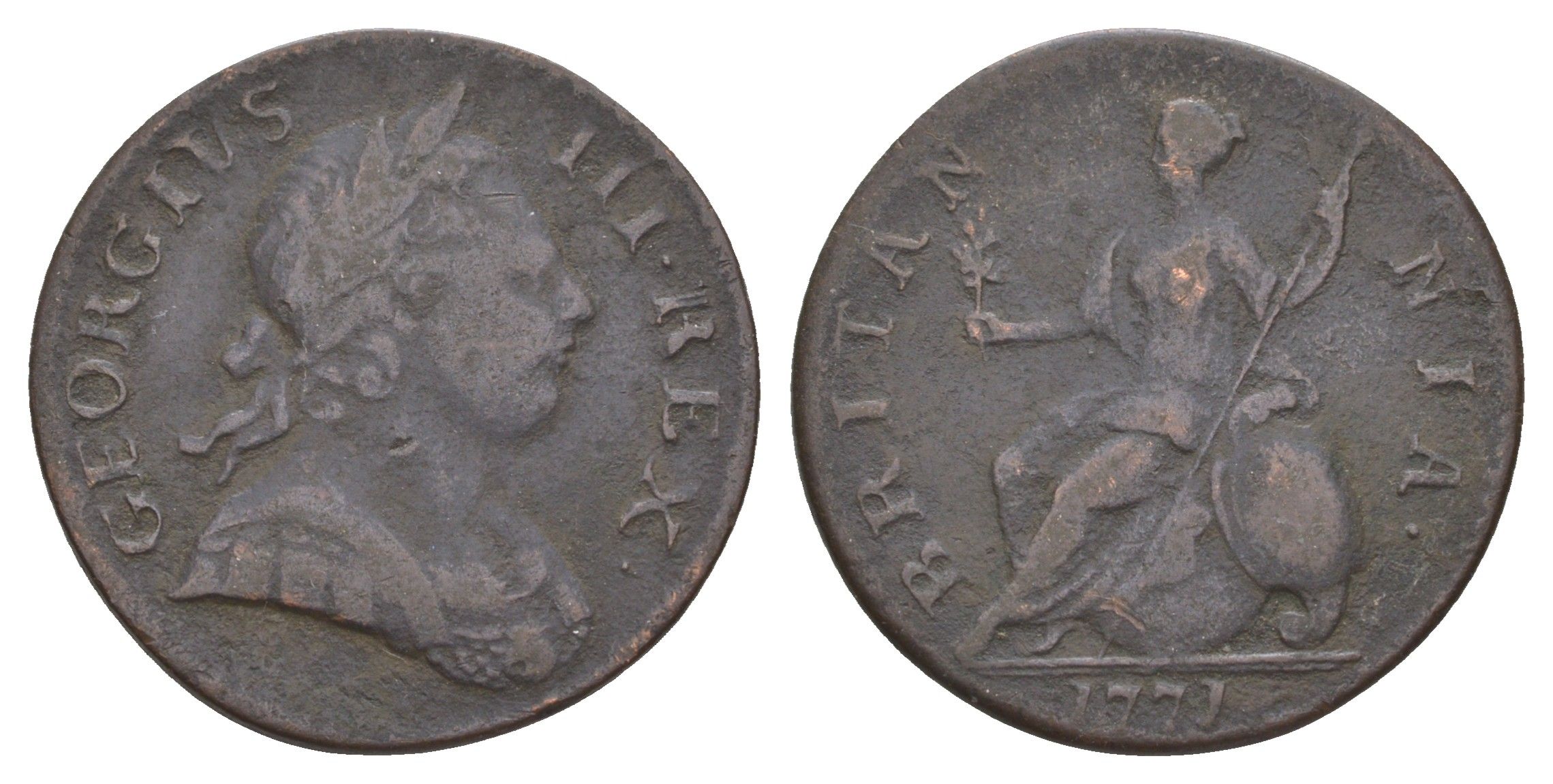 Великобритания 1/2 пенни 1771 Георг III (1760-1820) KM 601, Spink 3774 медь 413-2532