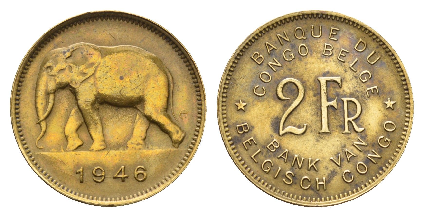 Бельгийское Конго 2 франка 1946 KM 28 латунь 4674-1248