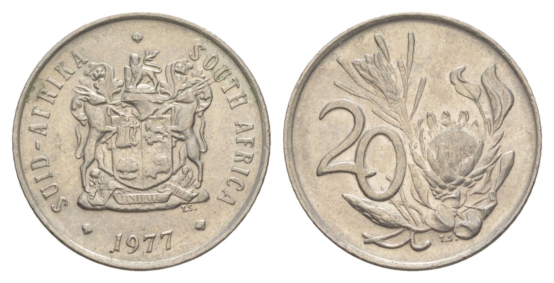 ЮАР 20 центов 1977 герб, цветок протея KM 86 никель 4601-223