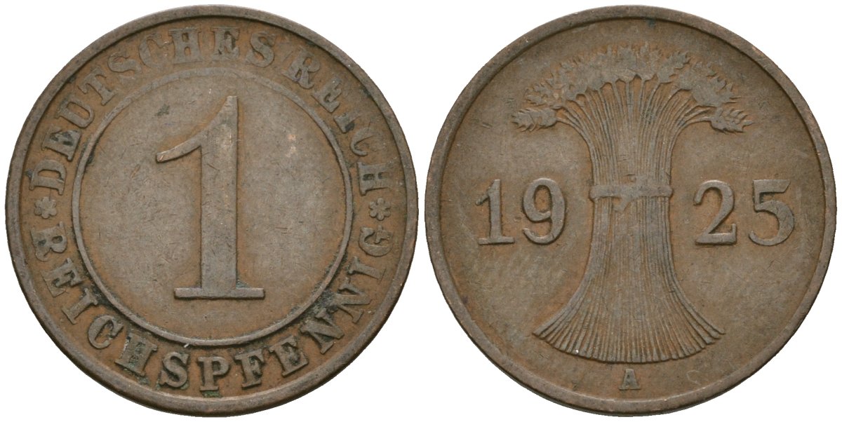 Германия 1 рейхспфенниг 1925 A KM 37, J. 313 бронза 4189-1111
