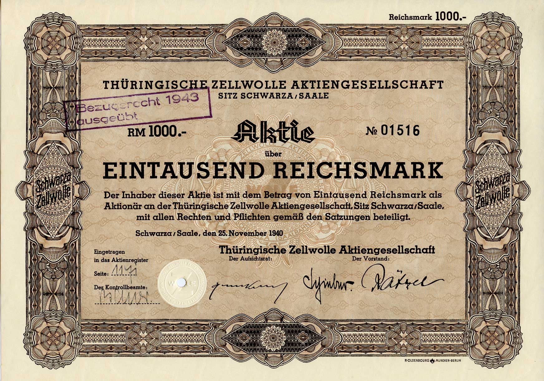 Германия 1000 рейхсмарок 1940 Тюрингская компания по производству целлюлозы, Шварца, Заале, акция   бумага   8803-125-1