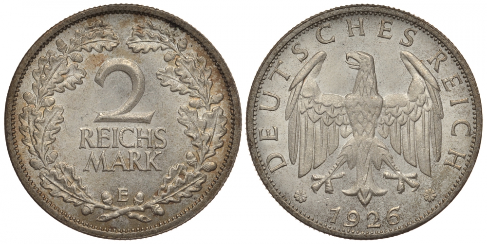 Германия 2 рейхсмарки 1926 E, цена по каталогу MT 200 евро J. 320, KM 45 серебро  UNC  00-802-74