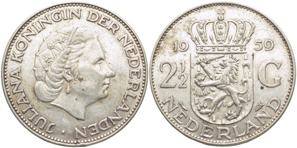 Нидерланды 2 1/2 гульдена 1959 Юлиана (1948-1980) KM 185 серебро 114-522
