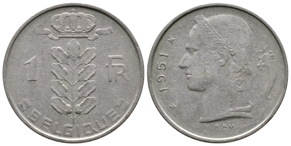 Бельгия 1 франк 1951 Belgique KM 142.1 медно-никель 259-752