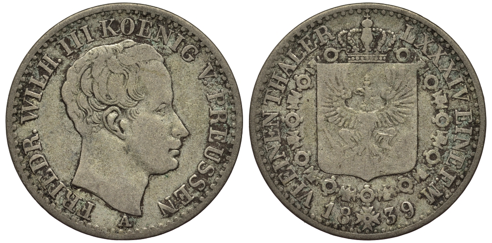 Пруссия 1/6 талера 1839 A, Фридрих Вильгельм III (1797-1840) KM 411 серебро 1519-1432