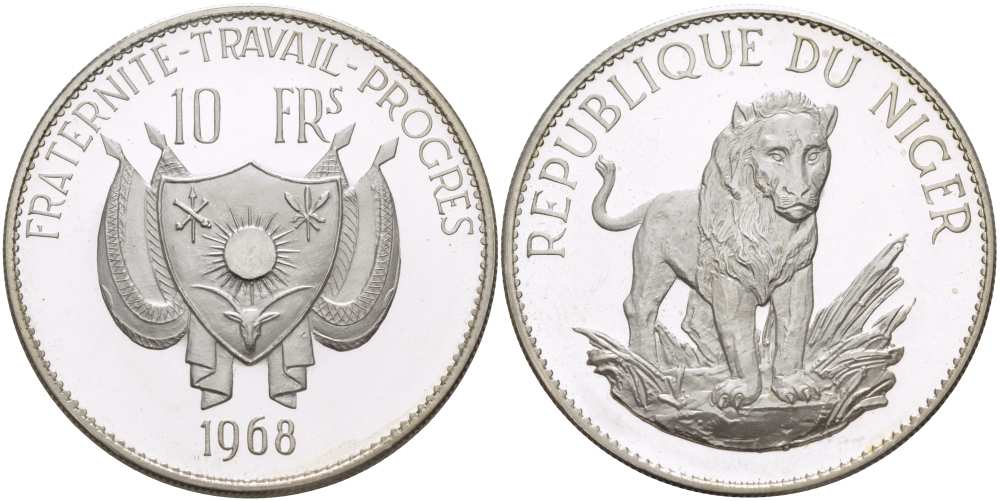 Нигер 10 франков 1968 лев, без черты над Е, в слове Republique KM 8.2 серебро PROOF 00-000-00