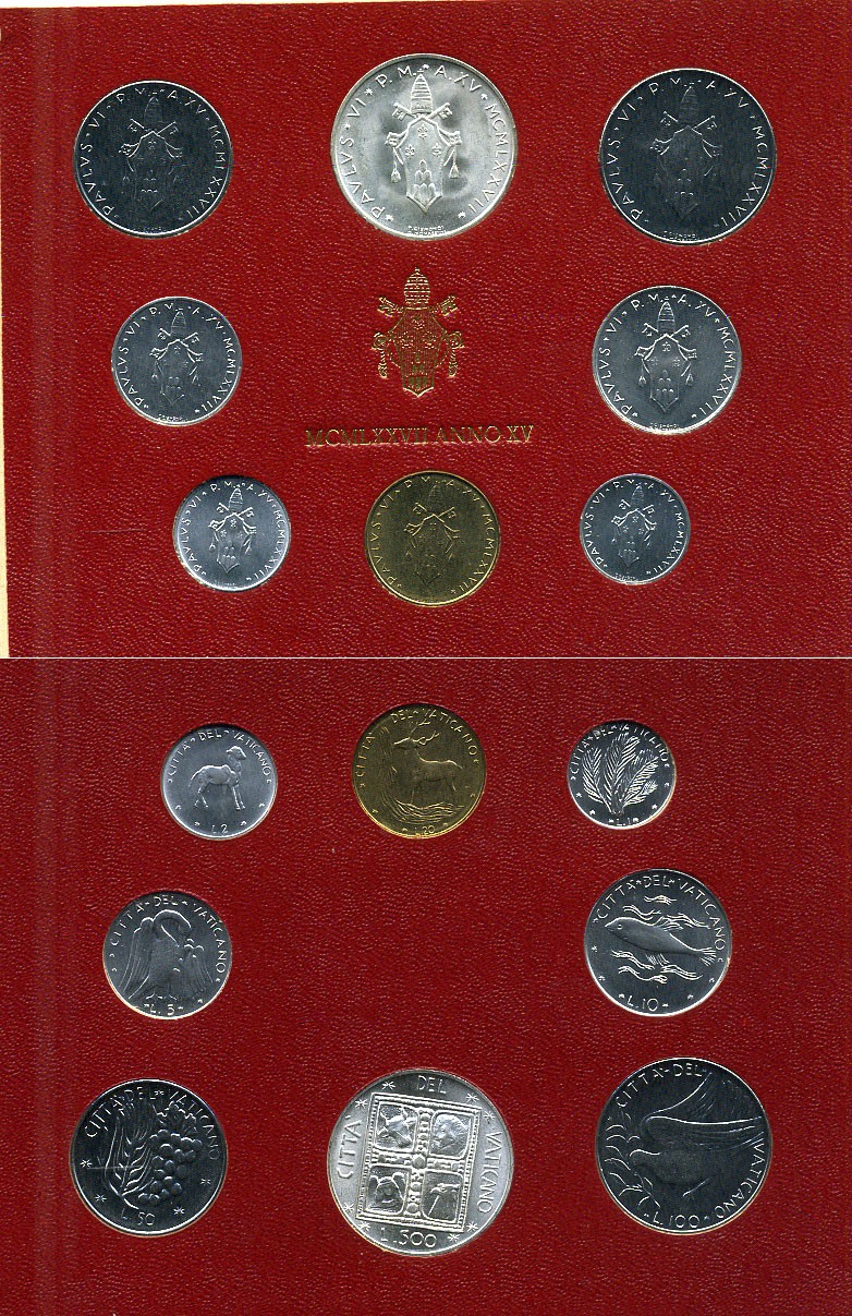 Ватикан набор из 8 монет 1977 1, 2, 5, 10, 20, 50, 100, 500 лир, в оригинальном буклете KM MS82 серебро UNC 8-1-01-24