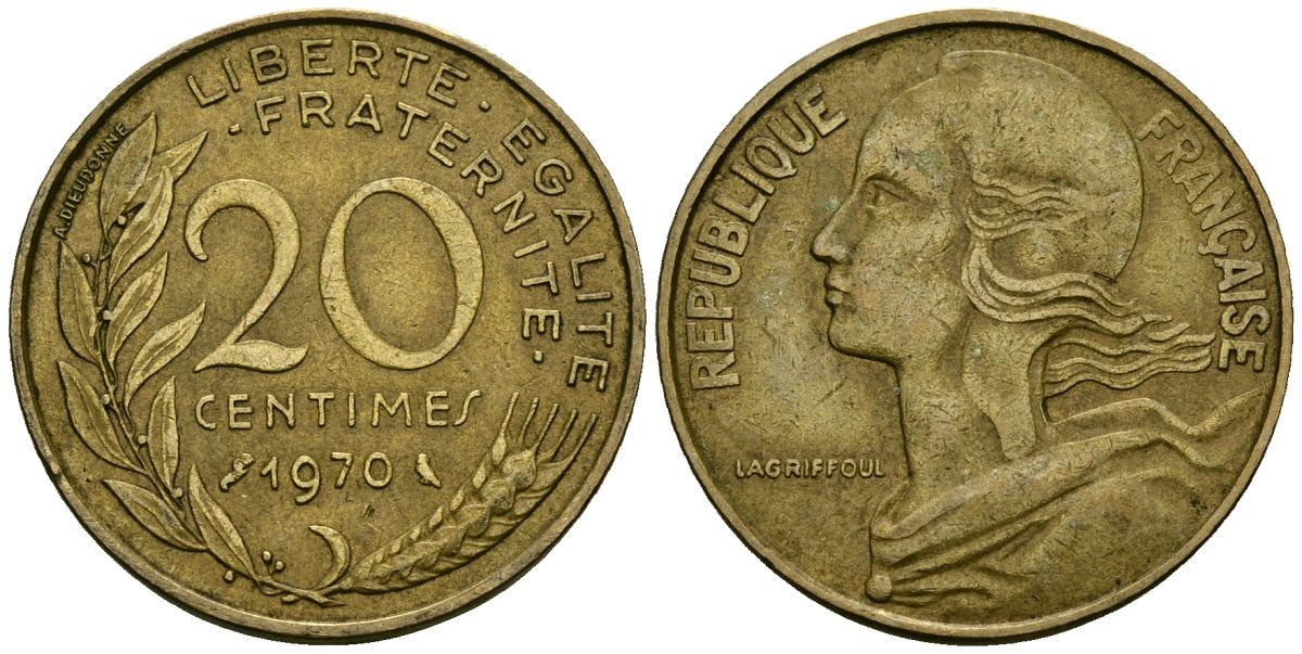 Франция 20 сантимов 1970 тип Marianne KM 930 медь алюминий никель 4135-611