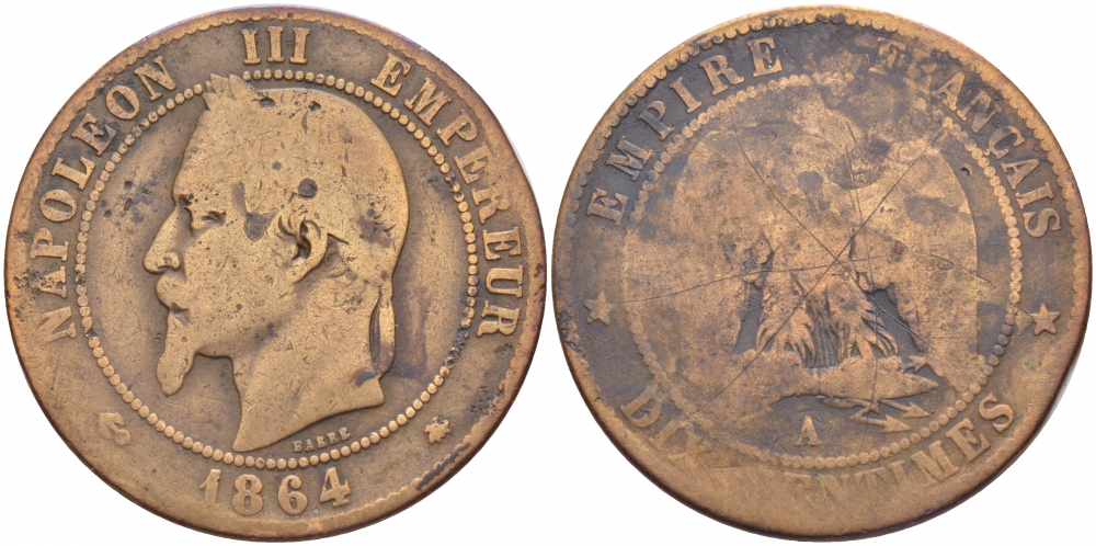 ФРАНЦИЯ 10 САНТИМОВ 1864 A, НАПОЛЕОН III (1852-1870) KM 798.1, LA FRANC 134.11 бронза 114-1225