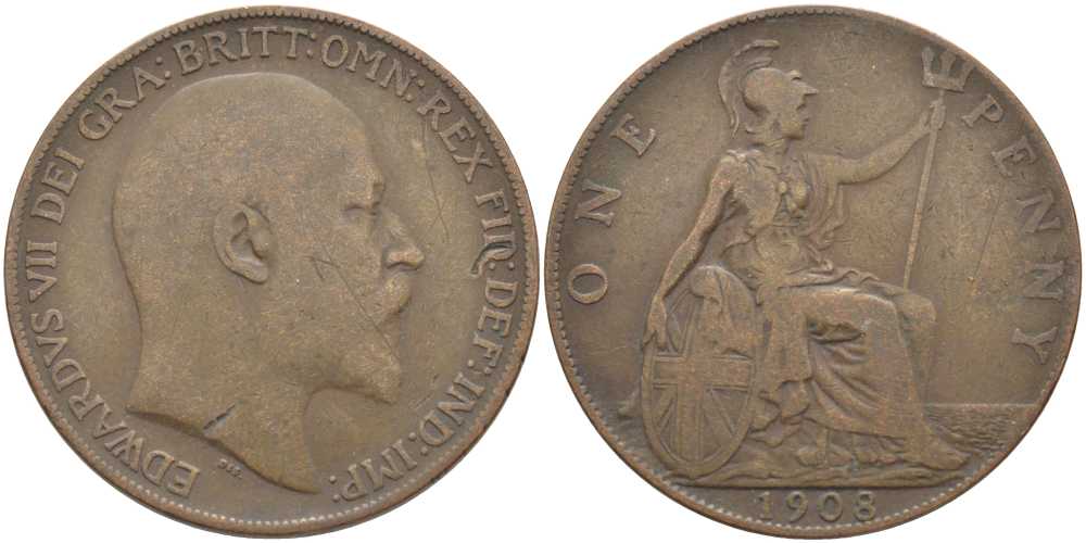 Великобритания 1 пенни 1908 Эдуард VII (1901-1910) KM 794.2, Spink 3990 бронза 4389-743