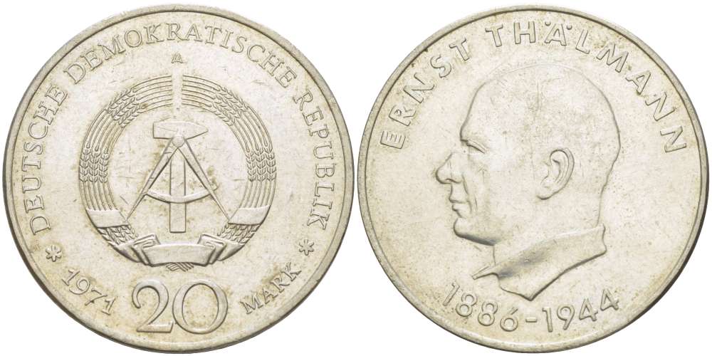 ГДР 20 марок 1971 A, 85 лет со дня рождения Эрнста Тельмана KM 34, J. 1535 медно-никель 4521-346