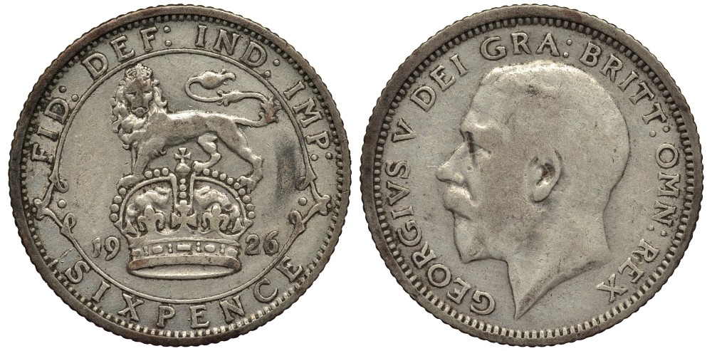 Великобритания 6 пенсов 1926 Георг V (1910-1936), есть зазор над буквой I KM 815a.1, Spink 4024 серебро 4539-156