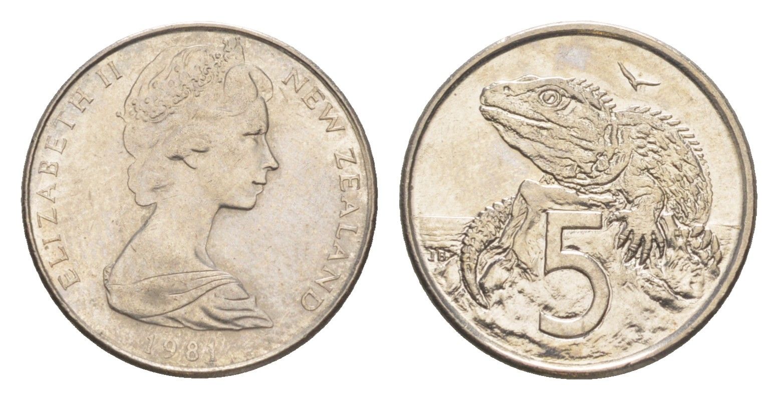 Новая Зеландия 5 центов 1981 Елизавета II (1952-2022), ящерица гаттерия KM 34 медно-никель 4651-215