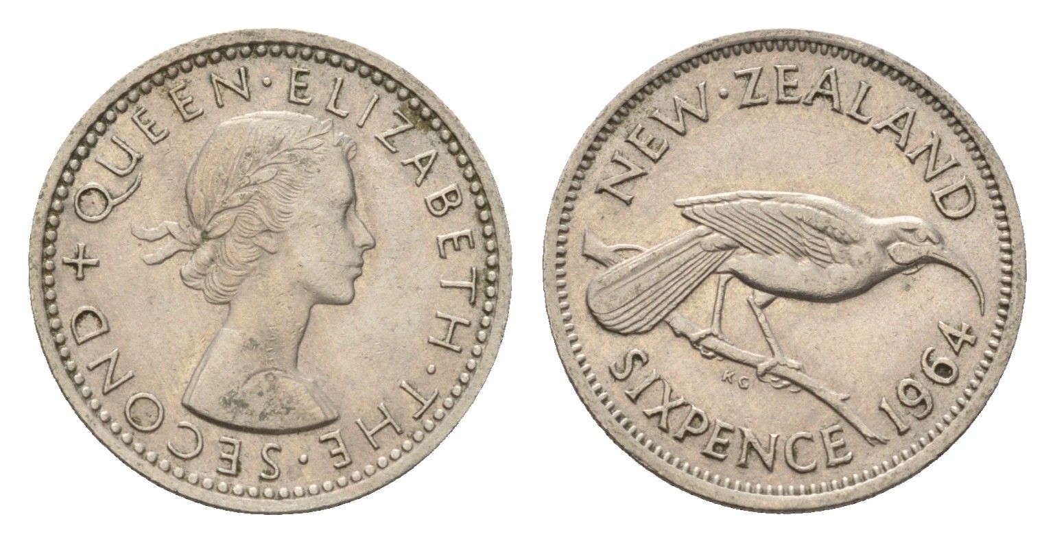 Новая Зеландия 6 пенсов 1964 Елизавета II (1952-2022), разноклювая гуйя KM 26.2 медно-никель 4669-616